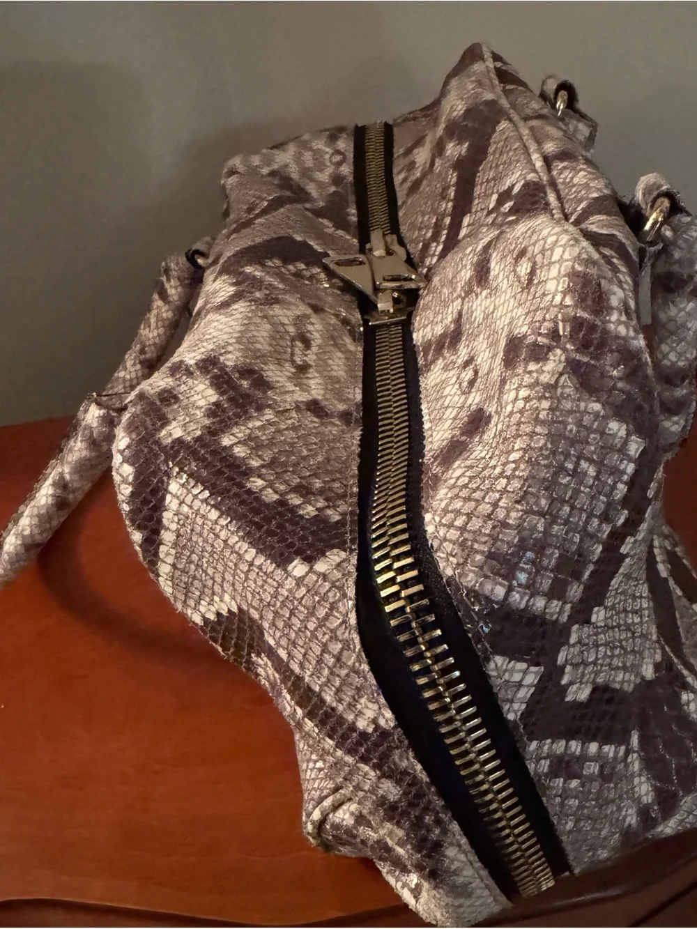 A. Bellucci Python-Pattern Satchel Handbag in Gray and Cream
